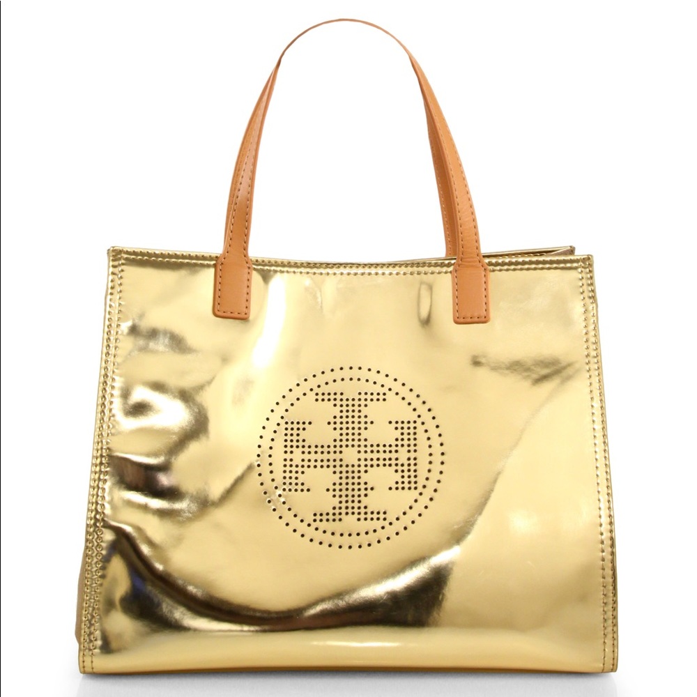 Tory Burch Perforated Logo Gold Leather Tote